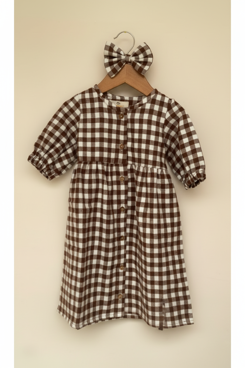 Classic Brown Gingham Twill Cotton Frock with Matching Bow