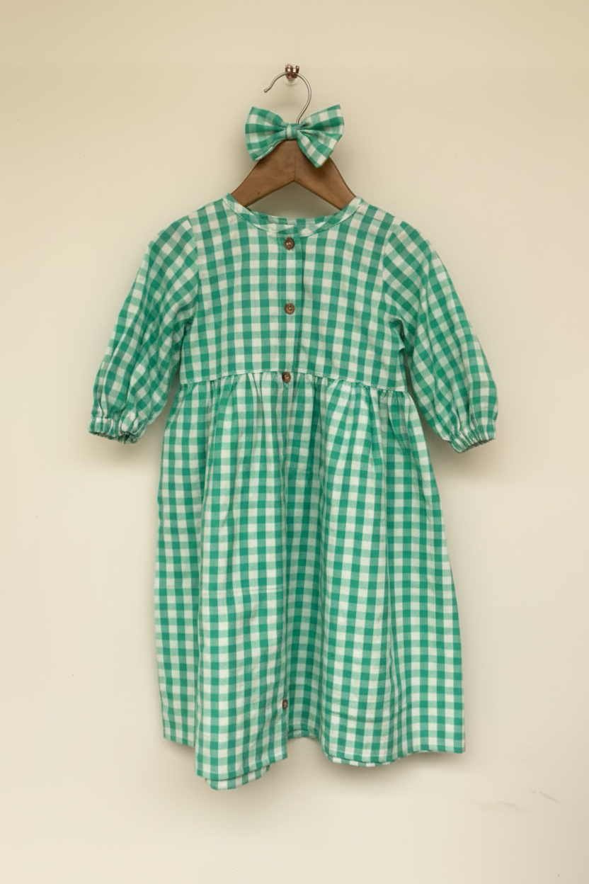 Classic  Mint Gingham Mul Cotton Frock with Matching Bow