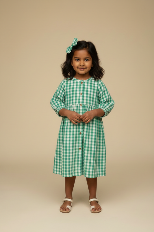 Classic  Mint Gingham Mul Cotton Frock with Matching Bow