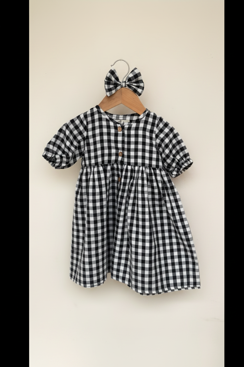 Classic Black Gingham Mul Cotton Frock with Matching Bow