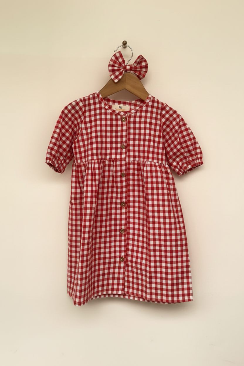 Classic Red Gingham Mul Cotton Frock with Matching Bow