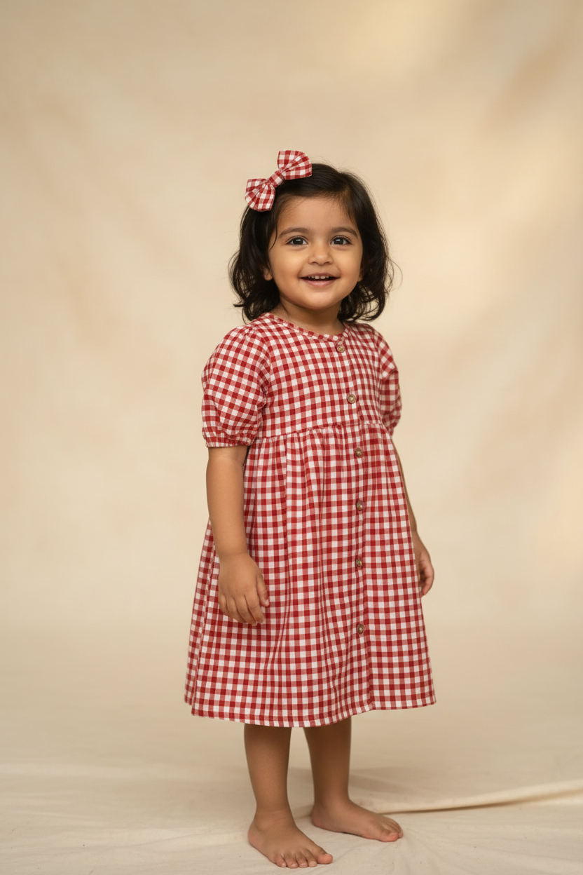 Classic Red Gingham Mul Cotton Frock with Matching Bow
