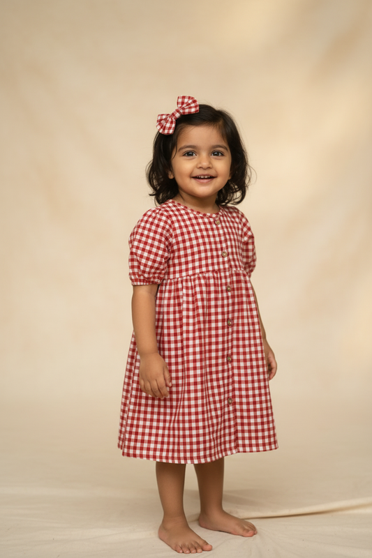 Classic Red Gingham Mul Cotton Frock with Matching Bow