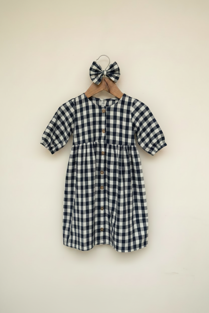 Classic Navy Gingham Mul Cotton Frock with Matching Bow