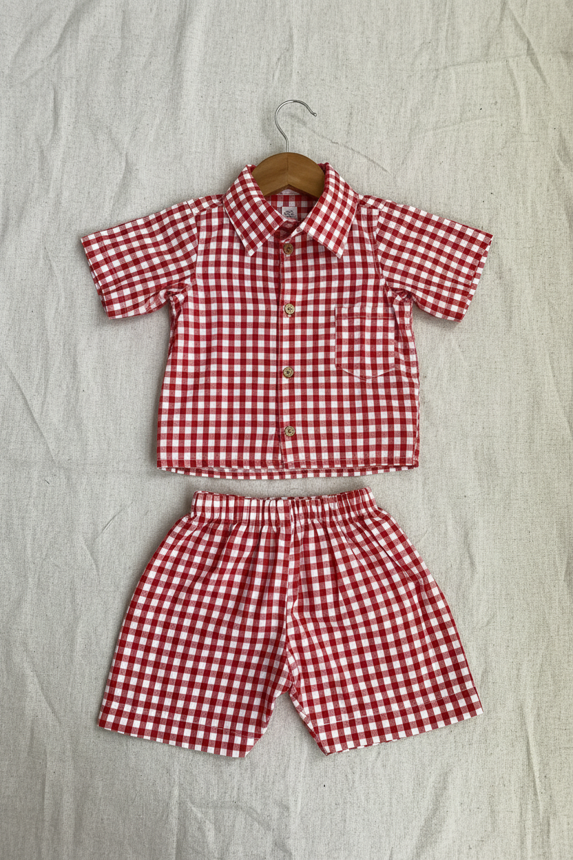 Red Gingham Mul Cotton Shirt & Shorts Set