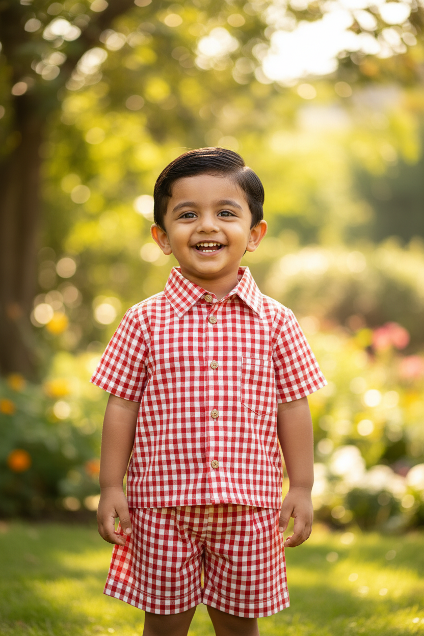 Red Gingham Mul Cotton Shirt & Shorts Set