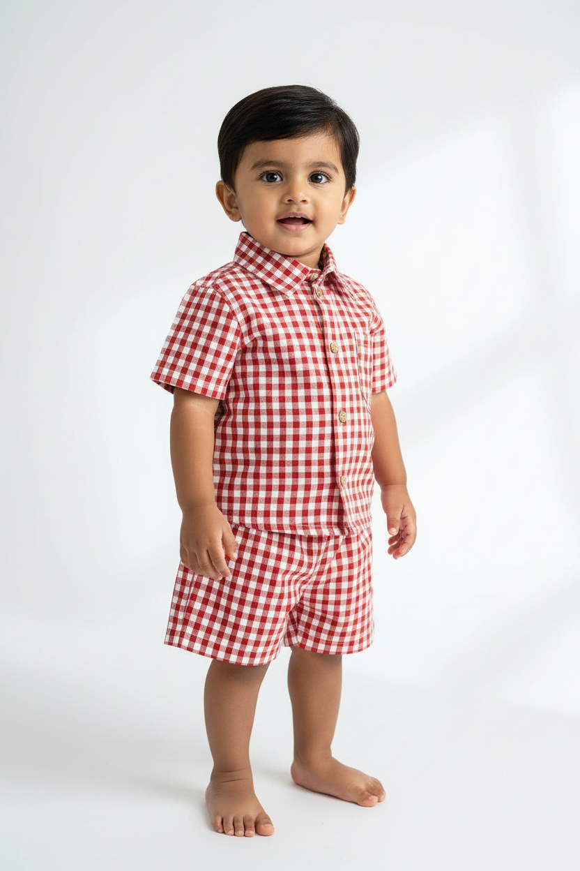 Red Gingham Mul Cotton Shirt & Shorts Set