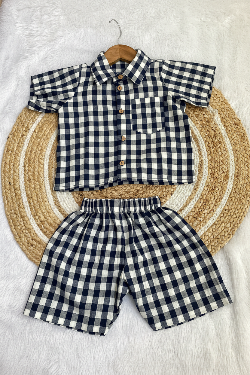 Blue Gingham Mul Cotton Shirt & Shorts Set