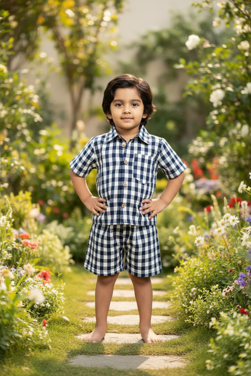 Blue Gingham Mul Cotton Shirt & Shorts Set