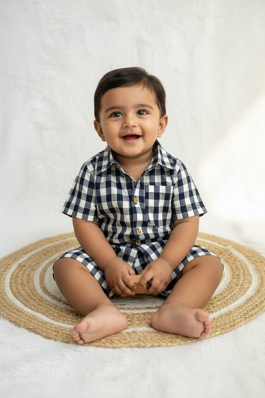 Blue Gingham Mul Cotton Shirt & Shorts Set