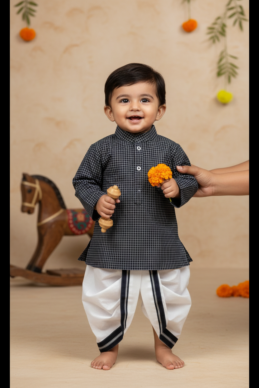 Black and white checks Festive Kurta & Dhoti Set for Boys | 100% Pure Cotton