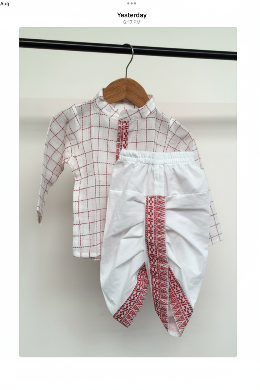 White With Red checks Festive Kurta & Dhoti Set for Boys | 100% Pure Cotton