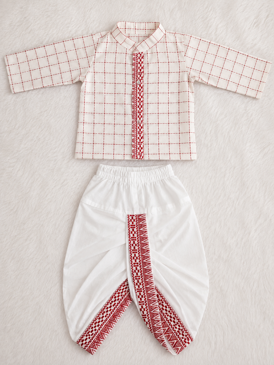 White With Red checks Festive Kurta & Dhoti Set for Boys | 100% Pure Cotton