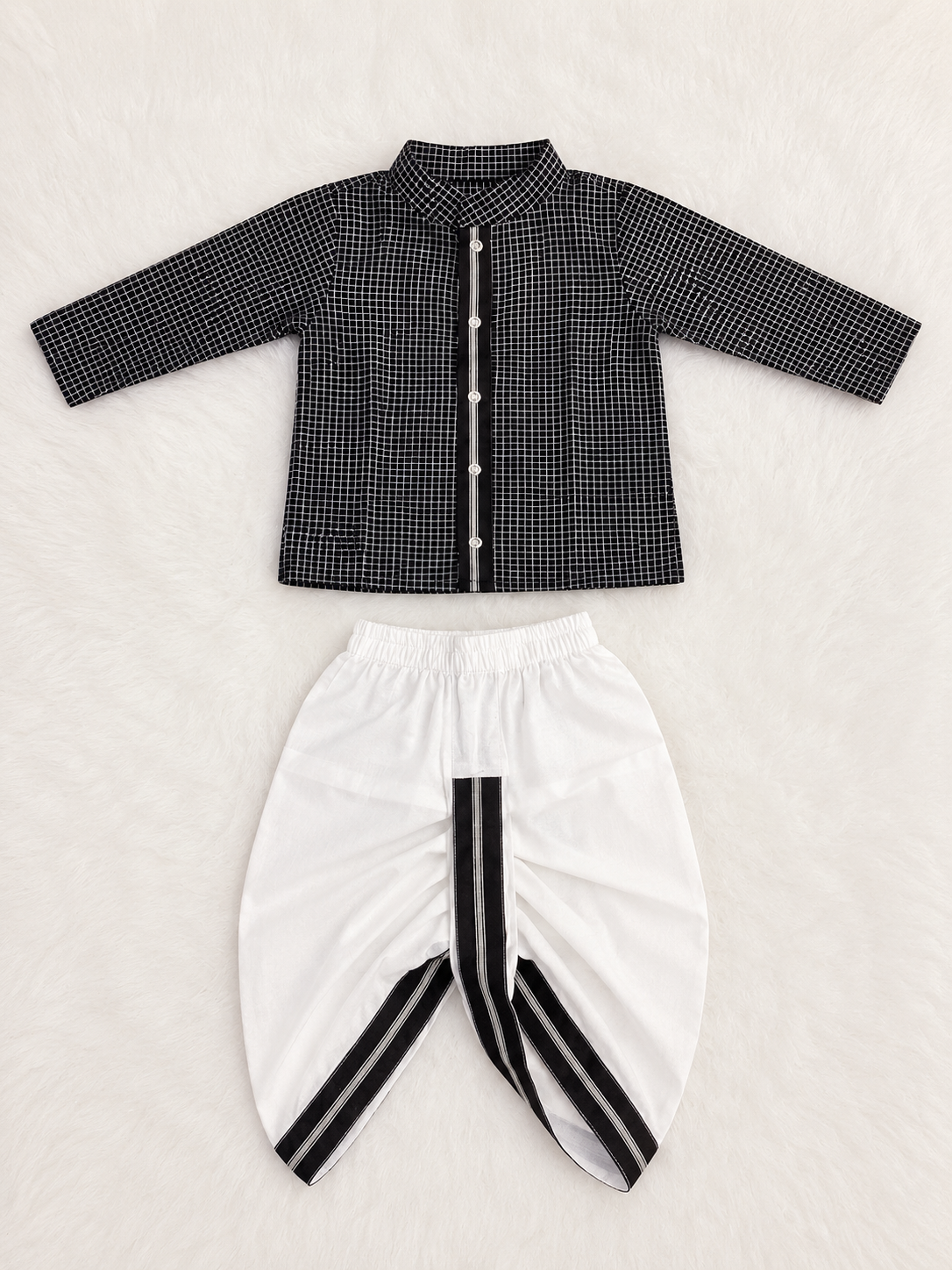 Black and white checks Festive Kurta & Dhoti Set for Boys | 100% Pure Cotton