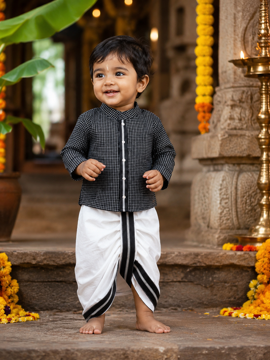 Black and white checks Festive Kurta & Dhoti Set for Boys | 100% Pure Cotton