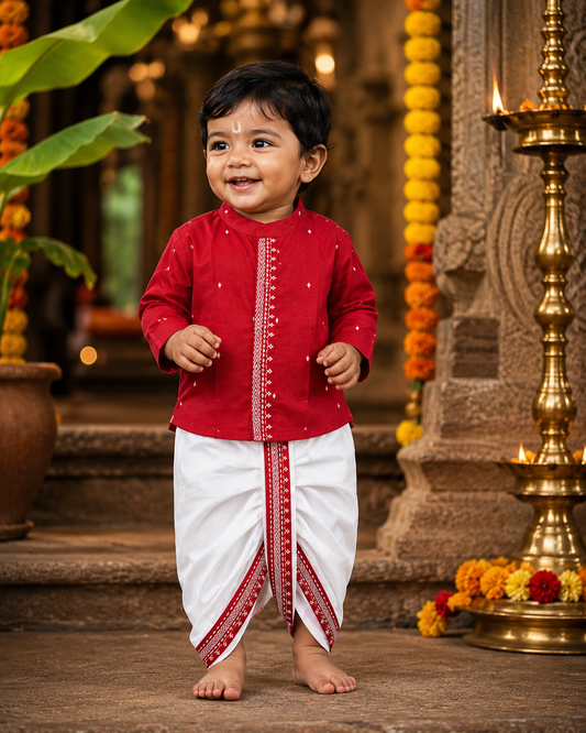 Red buti Festive Kurta & Dhoti Set for Boys | 100% Pure Cotton