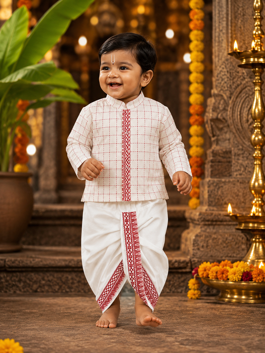 White With Red checks Festive Kurta & Dhoti Set for Boys | 100% Pure Cotton
