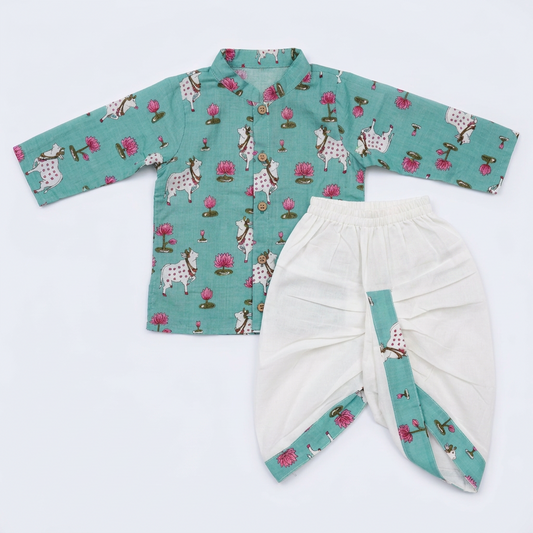 Diwali Traditional Pichwai Print Festive Kurta & Dhoti Set for Boys | 100% Pure Cotton