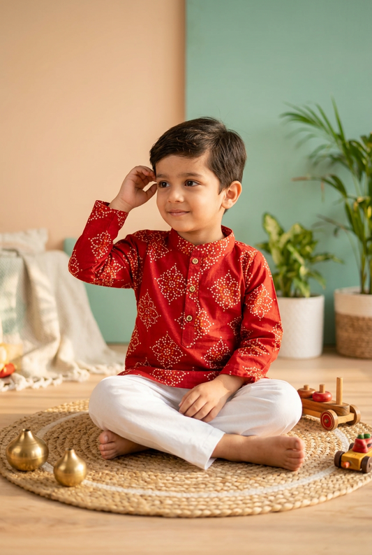 Diwali Traditional Red Bandhini Festive Kurta & pant Set for Boys | 100% Pure Cotton