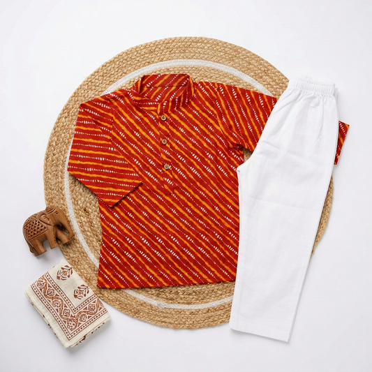 Diwali Traditional Red Lehriya Festive Kurta & pant Set for Boys | 100% Pure Cotton