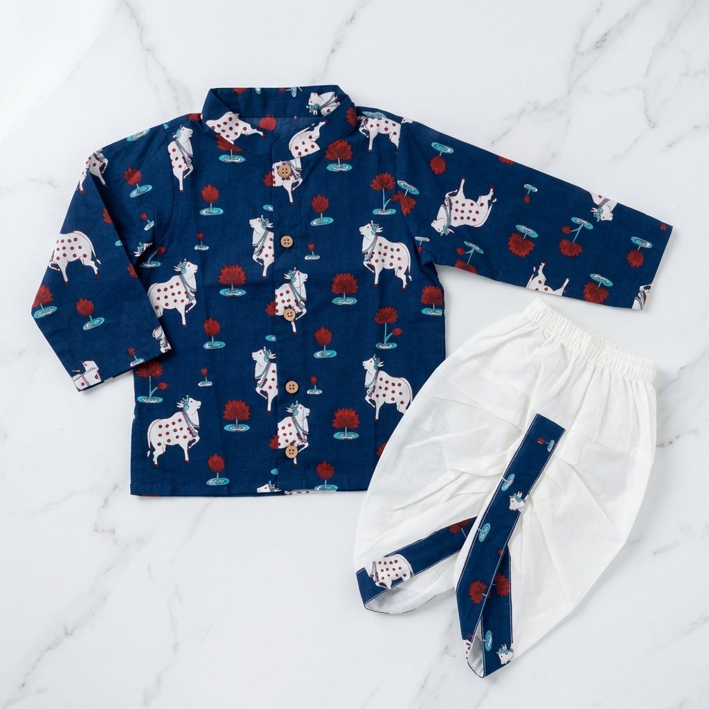 Diwali Traditional Pichwai Print Festive Kurta & Dhoti Set for Boys | 100% Pure Cotton