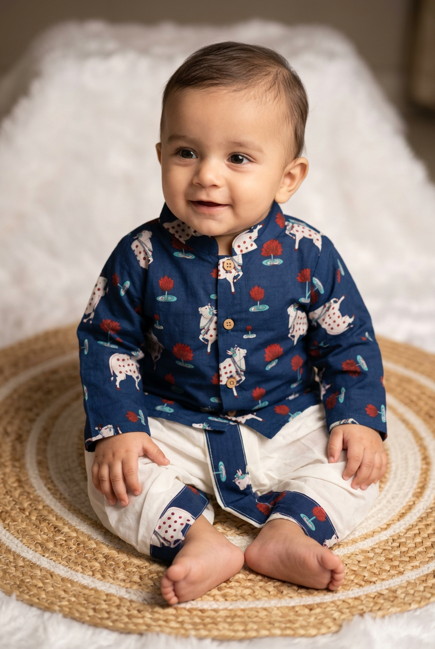 Diwali Traditional Pichwai Print Festive Kurta & Dhoti Set for Boys | 100% Pure Cotton