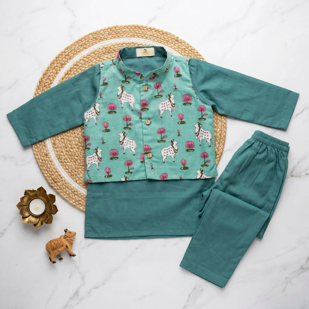 Diwali Traditional kurta Set with Pichwai Jacket Festive Kurta & pant Set for Boys | 100% Pure Cotton