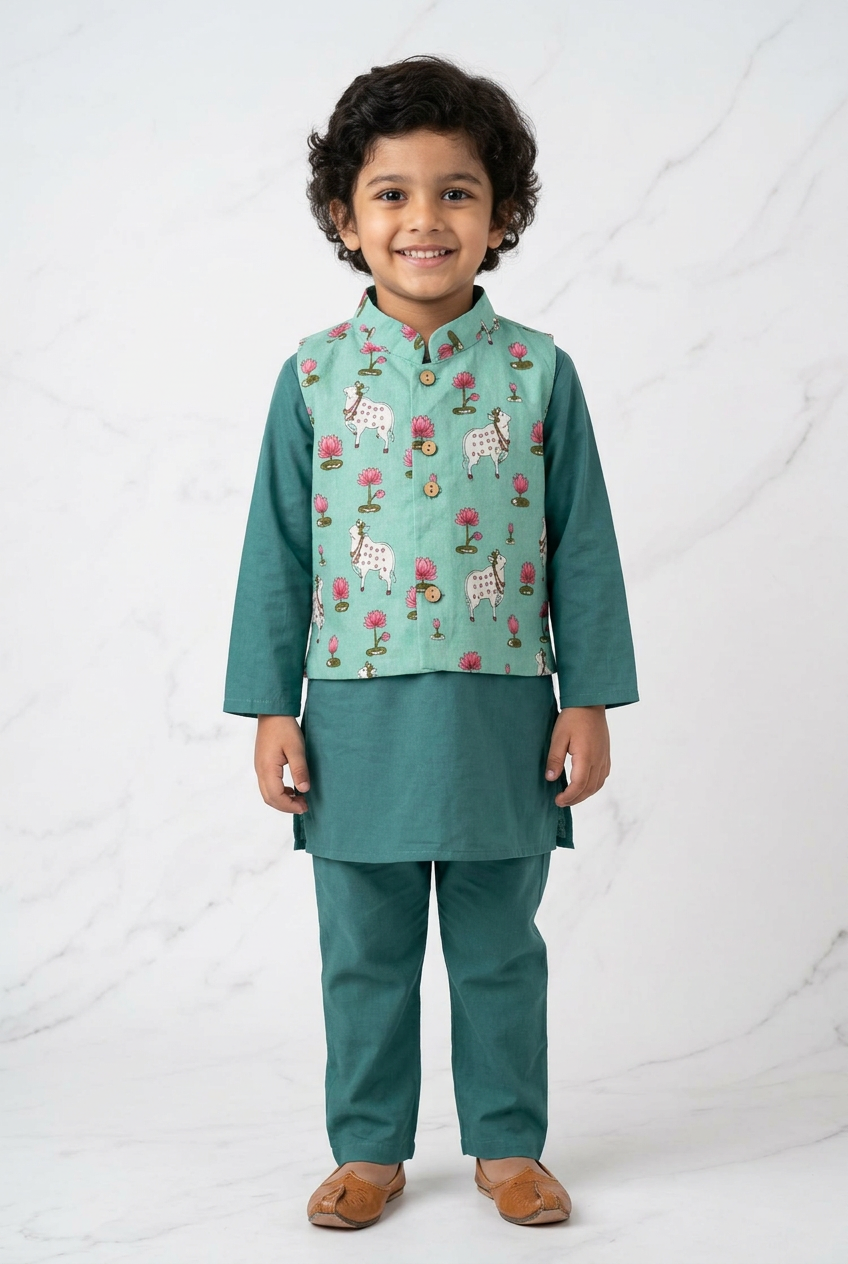Diwali Traditional kurta Set with Pichwai Jacket Festive Kurta & pant Set for Boys | 100% Pure Cotton