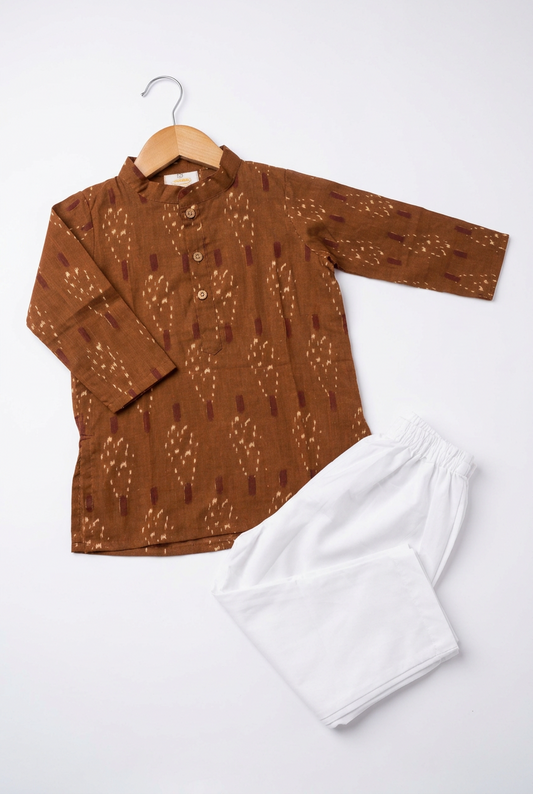 Choco Brown Diwali Light Print Festive Kurta & pant Set for Boys | 100% Pure Cotton