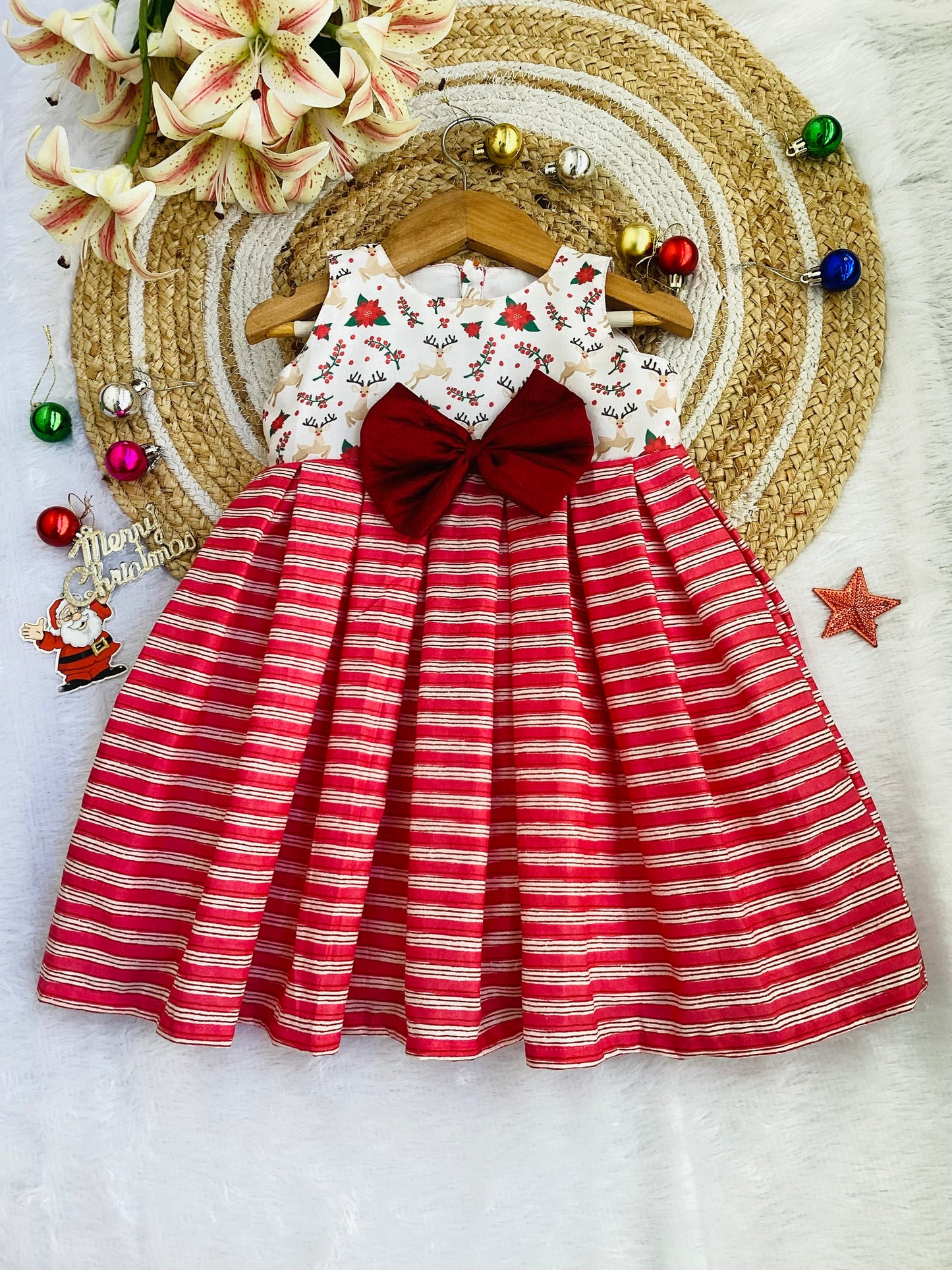 White Christmas Print Yoke Red Stripes Pleated Baby Frock