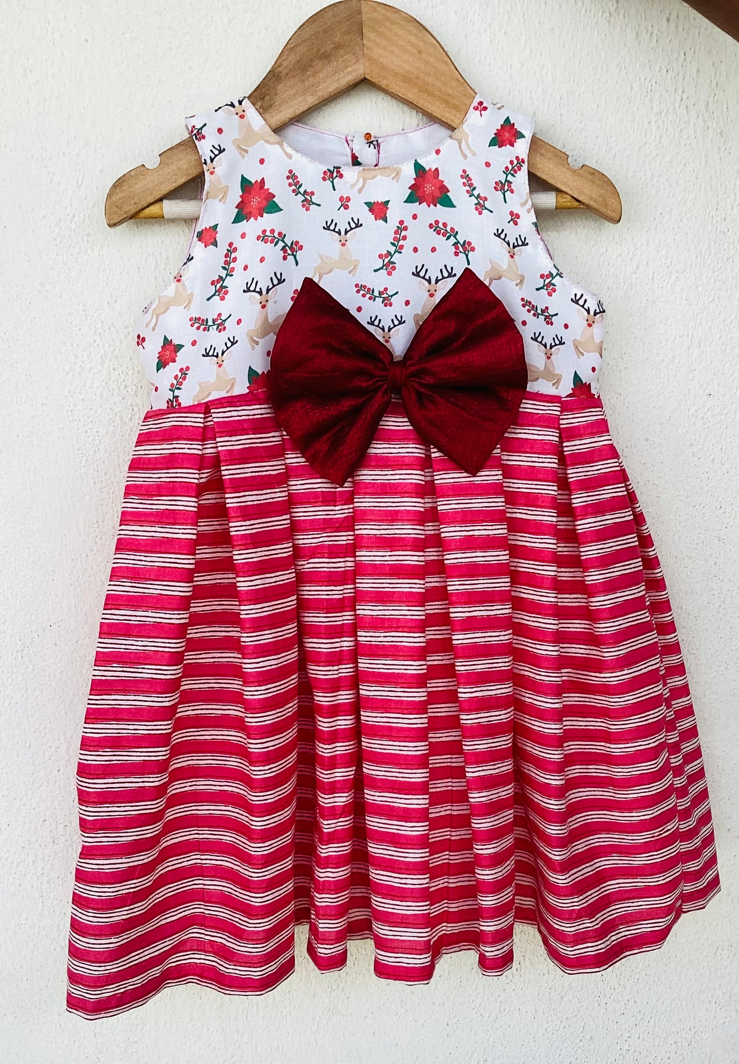 White Christmas Print Yoke Red Stripes Pleated Baby Frock