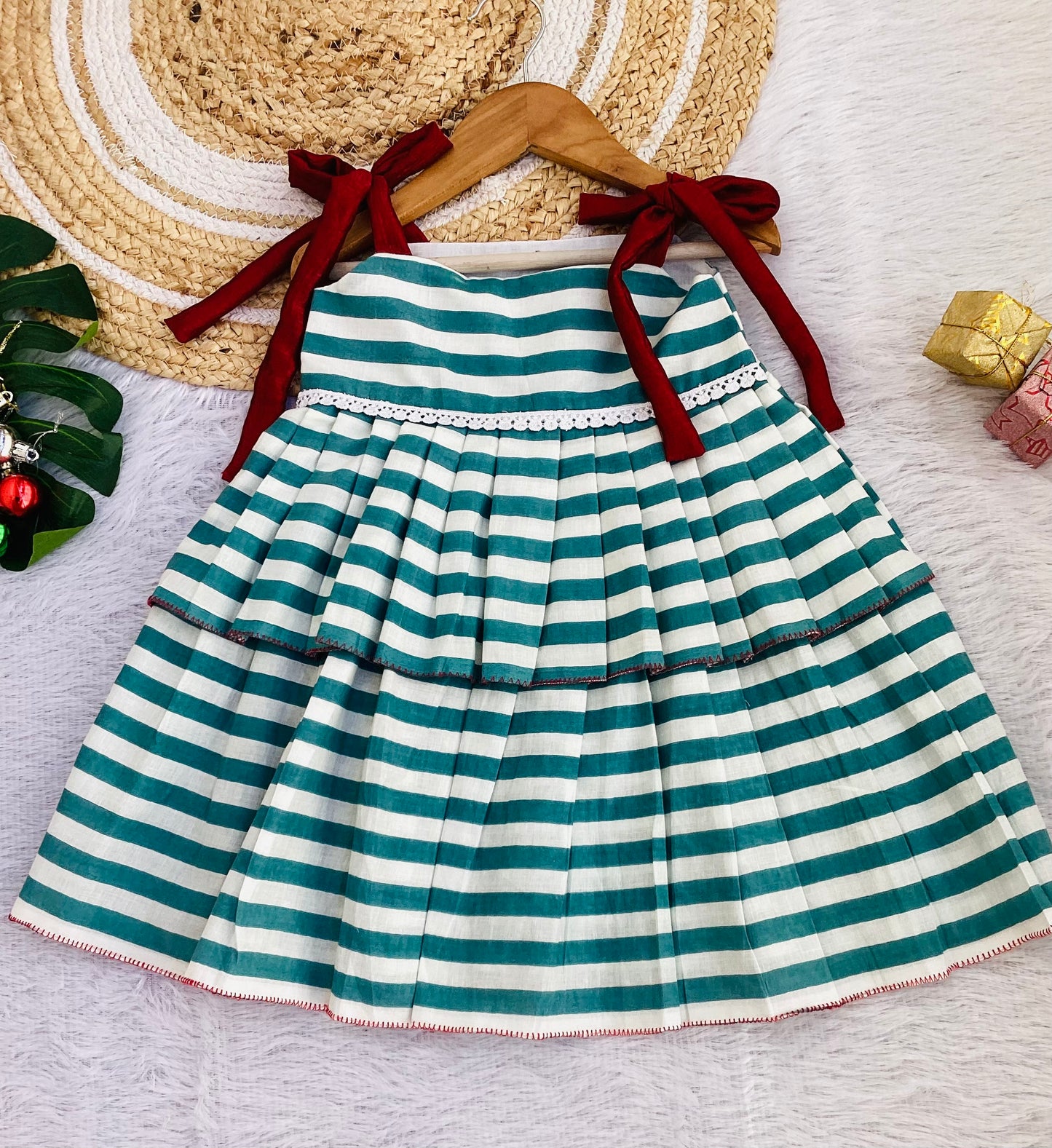 GREEN STRIPED COTTON FROCK WITH RED STRAPES