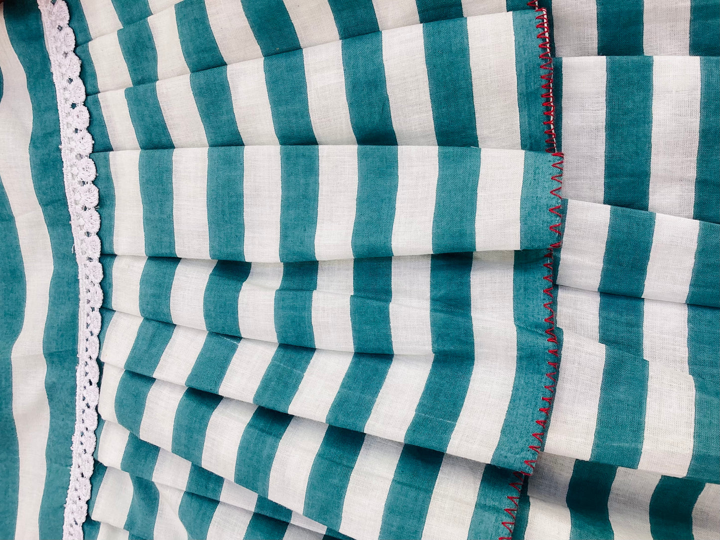 GREEN STRIPED COTTON FROCK WITH RED STRAPES