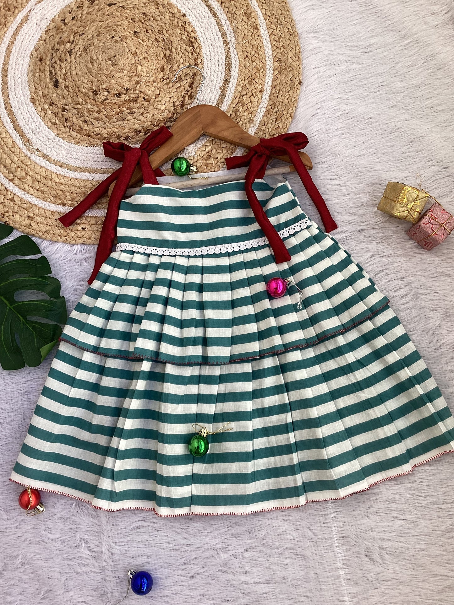 GREEN STRIPED COTTON FROCK WITH RED STRAPES