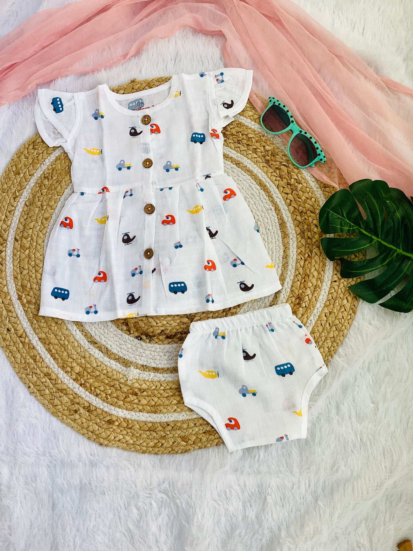 MUSLIN BUTTON FROCK WITH BLOOMER-BUS,BEEP (SET OF 2) - 100%MUSLIN COTTON