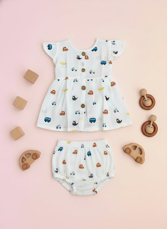 MUSLIN BUTTON FROCK WITH BLOOMER SET (Bus) - 100%MUSLIN COTTON