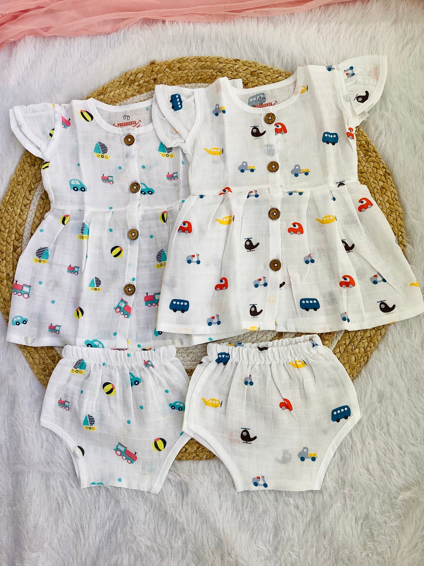 MUSLIN BUTTON FROCK WITH BLOOMER-BUS,BEEP (SET OF 2) - 100%MUSLIN COTTON