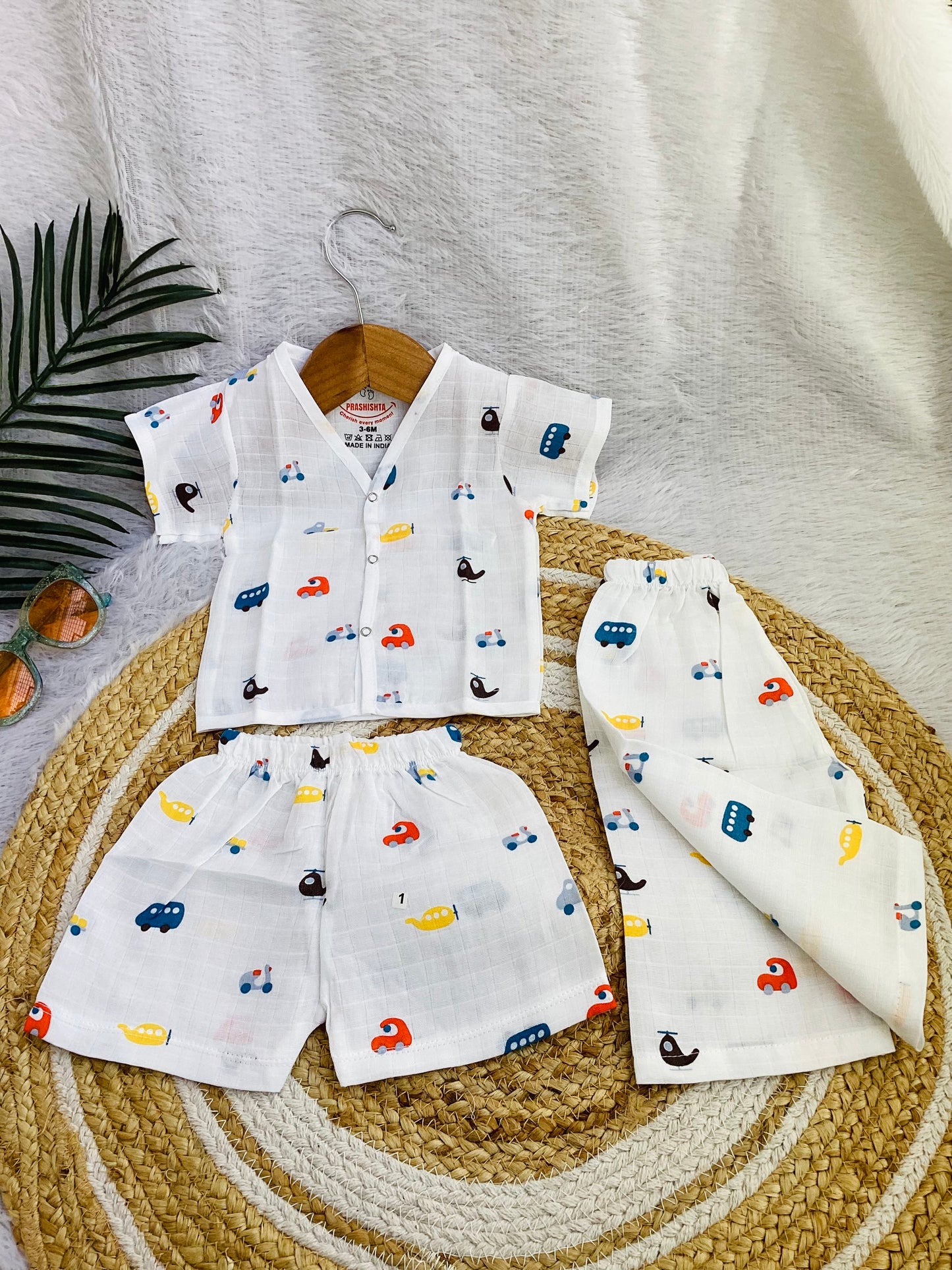 MUSLIN SHIRT & SHORT WITH EXTRA PANT(3 PIECE SET)-Bus print