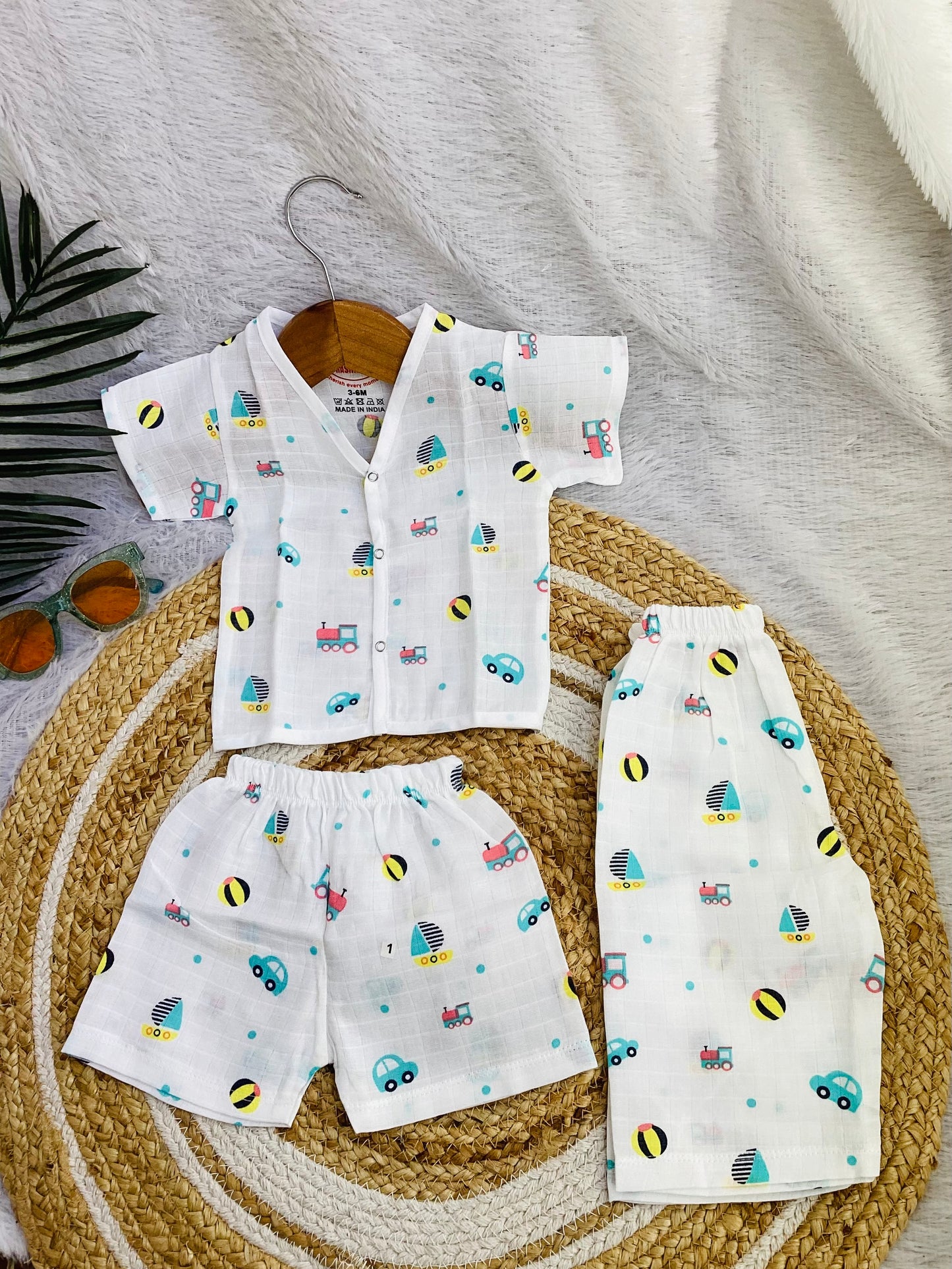 MUSLIN SHIRT & SHORT WITH EXTRA PANT(3 PIECE SET)-Beep print