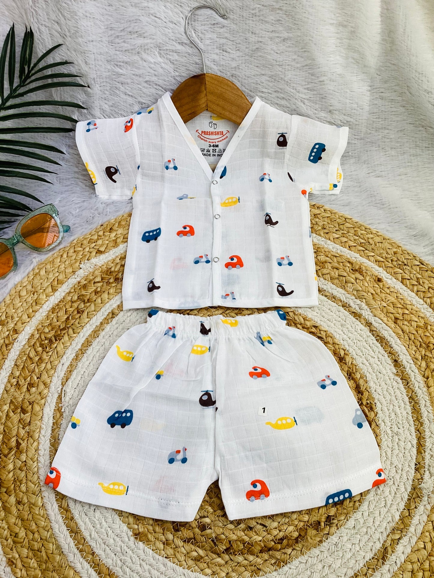 MUSLIN SHIRT & SHORT WITH EXTRA PANT(3 PIECE SET)-Bus print
