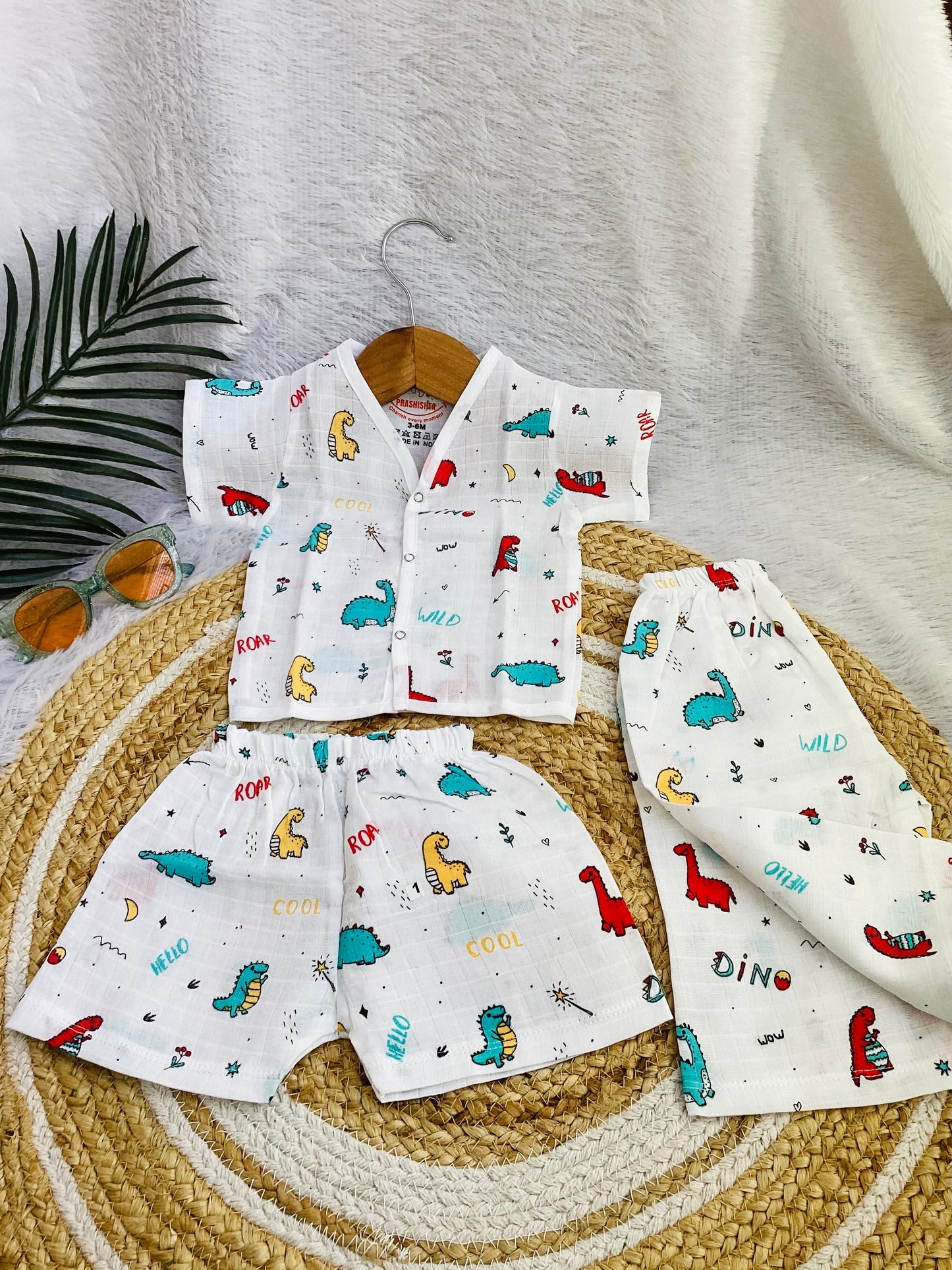 MUSLIN SHIRT & SHORT WITH EXTRA PANT(3 PIECE SET)-Dino print