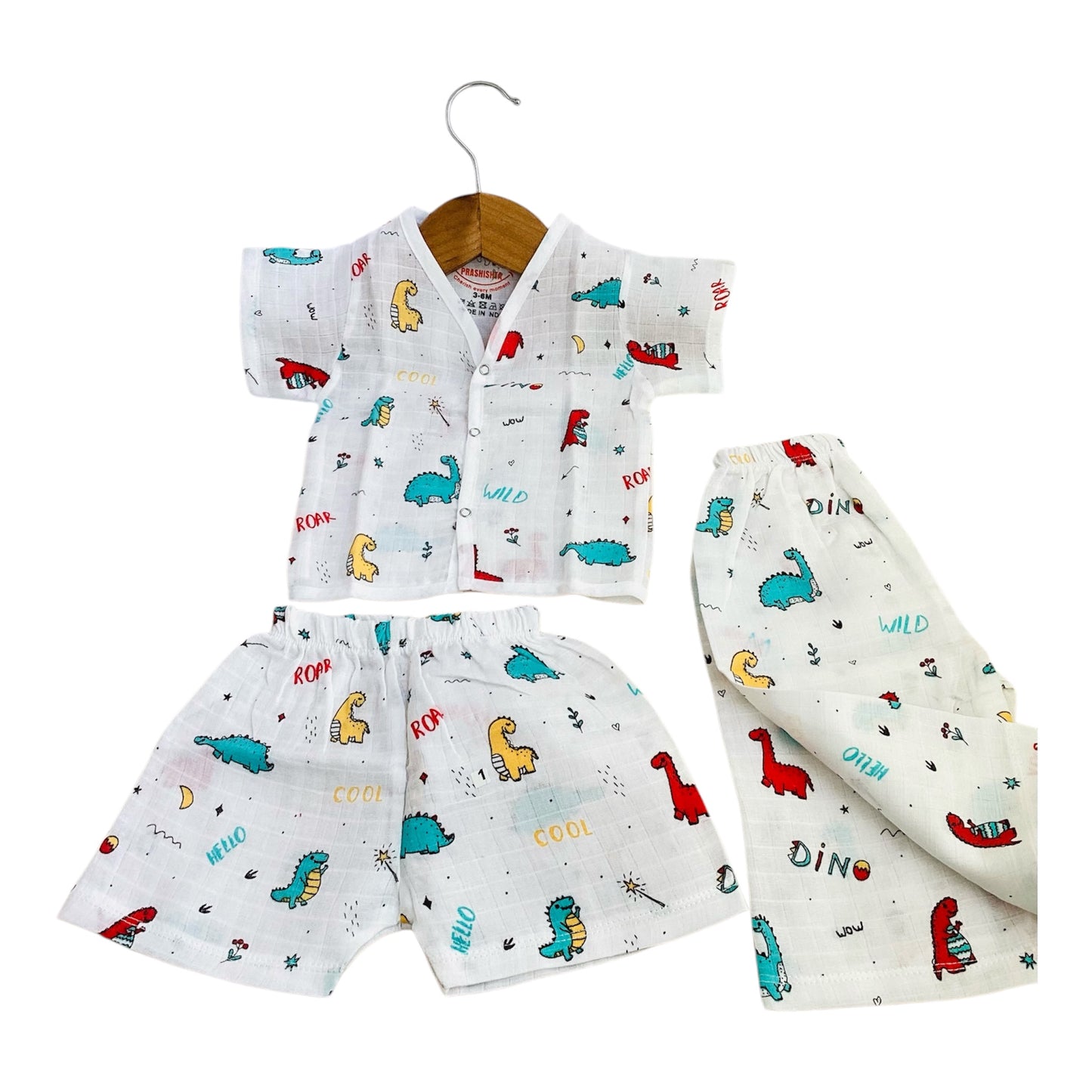 MUSLIN SHIRT & SHORT WITH EXTRA PANT(3 PIECE SET)-Dino print