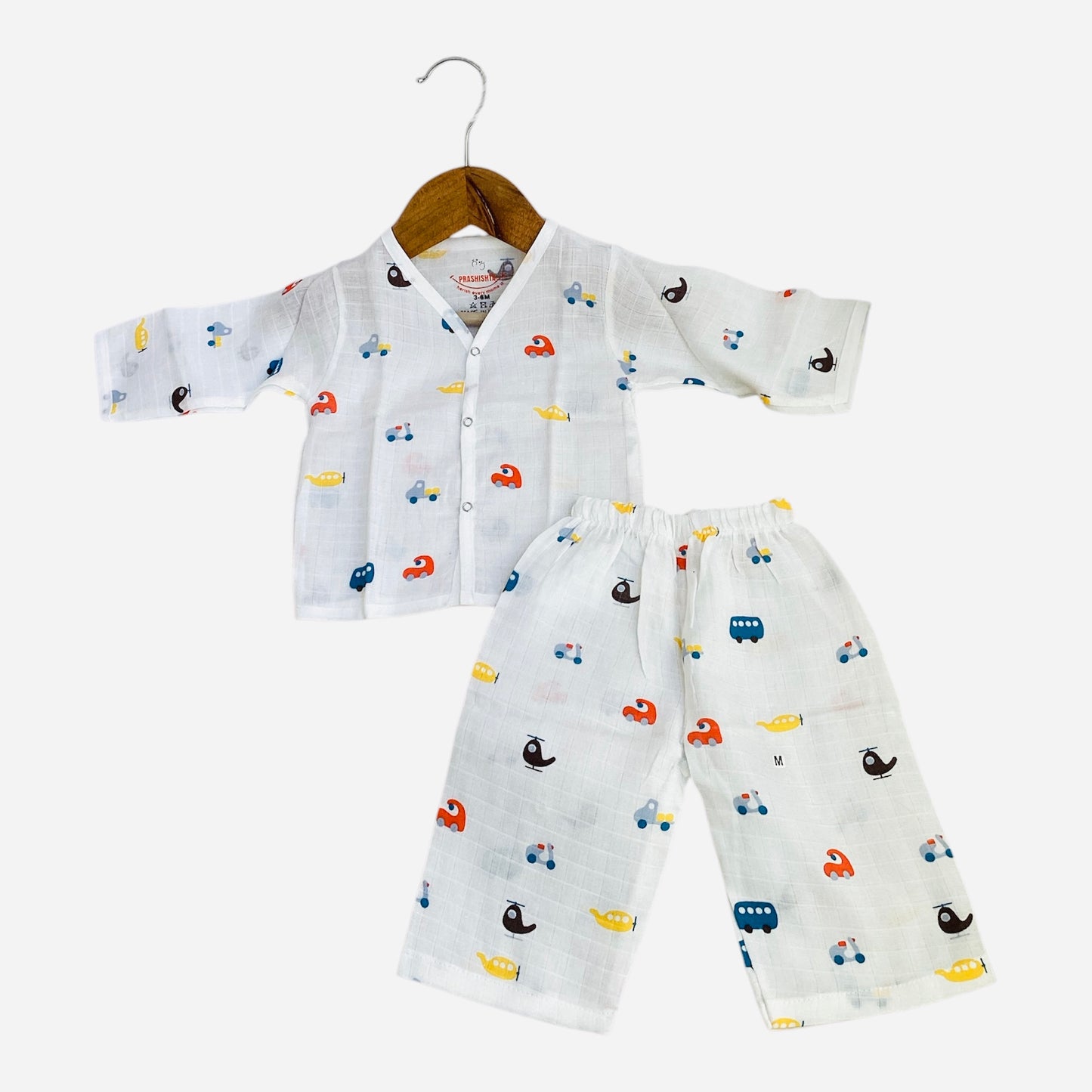 Muslin Full Sleeve Pyjama/Sleep Suit -Bus Print