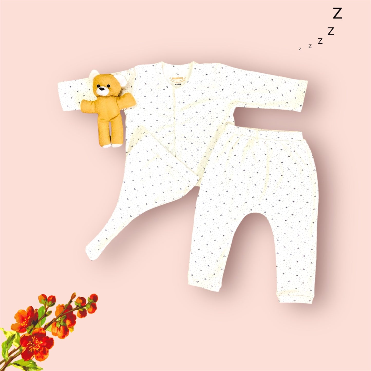 Floral Off-White Sleep Suit with Beanie(knot Hat)