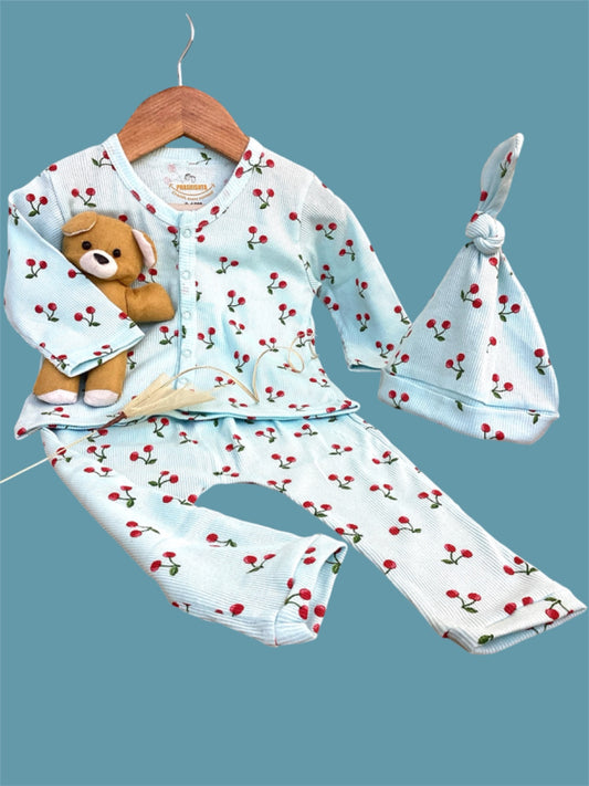 Cherry Sleep Suits with Beanie(Knot Hat)