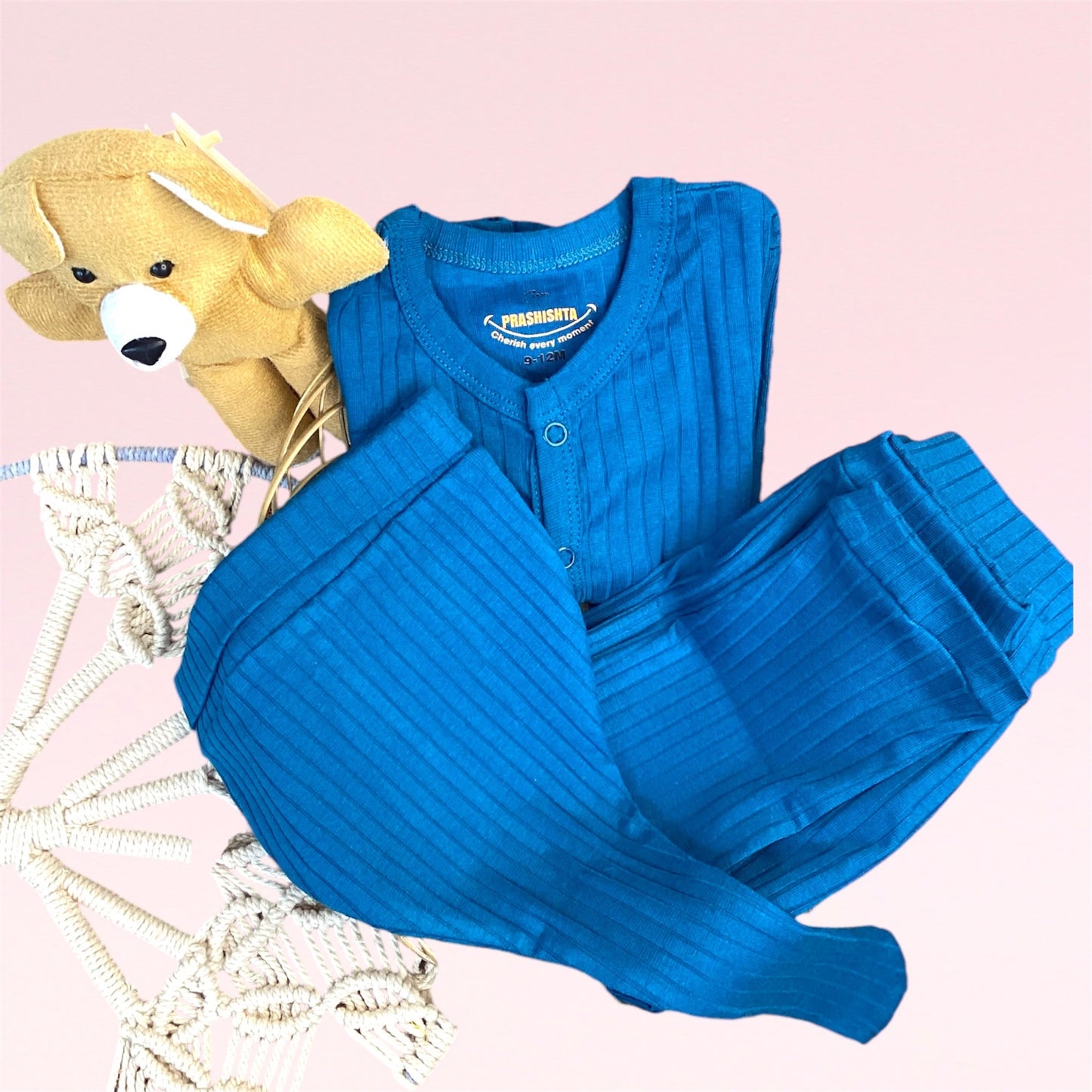 Blue Stripes Sleep Suits with Beanie(Knot Hat)