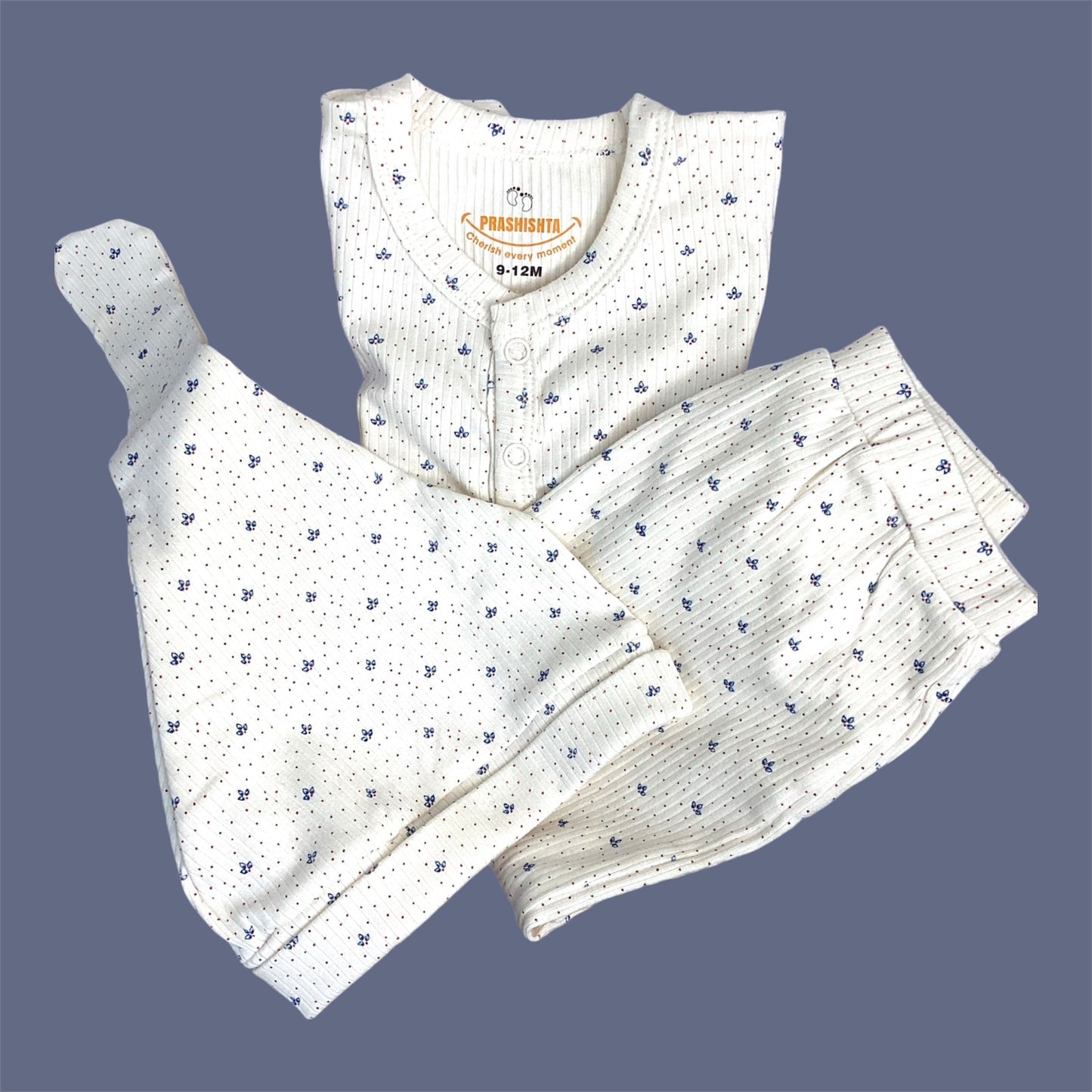 Set of 2 Combo Blue Stripes & Cream Floral Sleep Suits with Hat